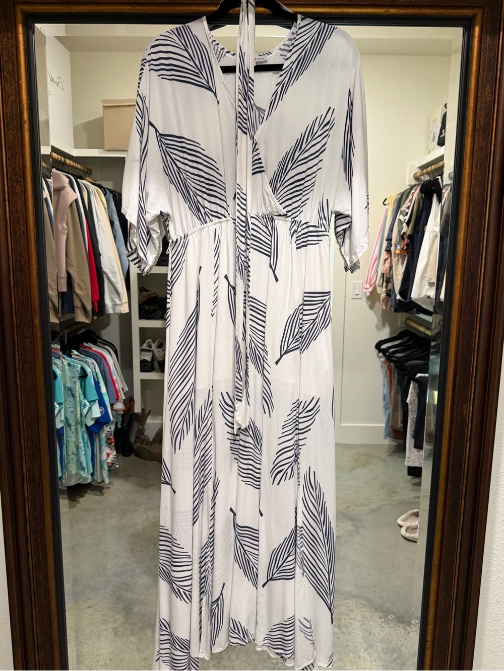 Baltic Born White Maxi Dress with Navy Feather Print